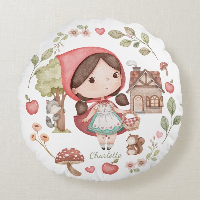 Kleine Red Riding Hood Niedlich Whimsical Rundes Kissen (Vorderseite)