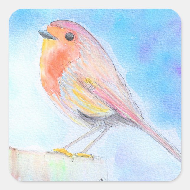 Kleine Robin Watercolor-Malerei Quadratischer Aufkleber (Vorderseite)