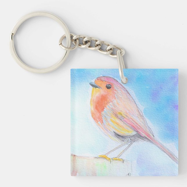 Kleine Robin Watercolor-Malerei Schlüsselanhänger (Vorderseite)