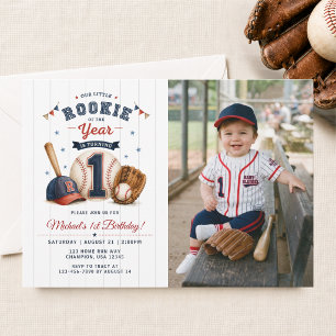 Kleine Rookie 1. Geburtstags-Baseball-Foto Einladung