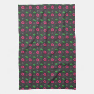 kleine rosa Blüten und grüne Blätter. Grafische Bl Handtuch