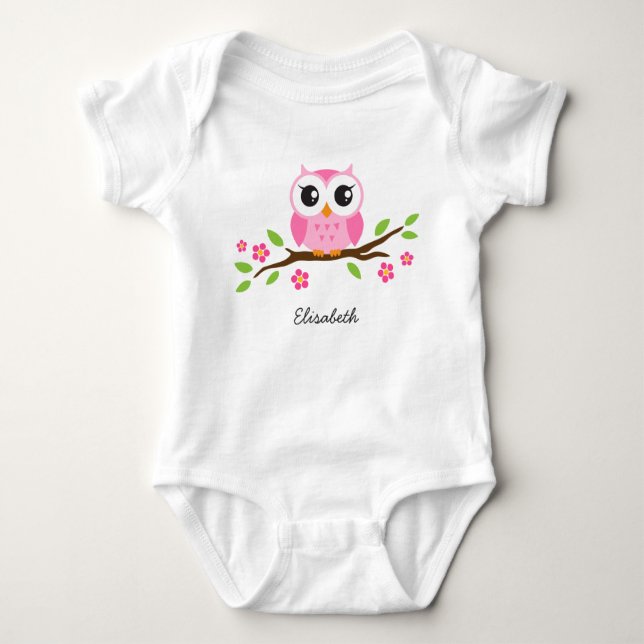 Kleine rosa Eule auf personalisiertem Namen der Baby Strampler (Vorderseite)