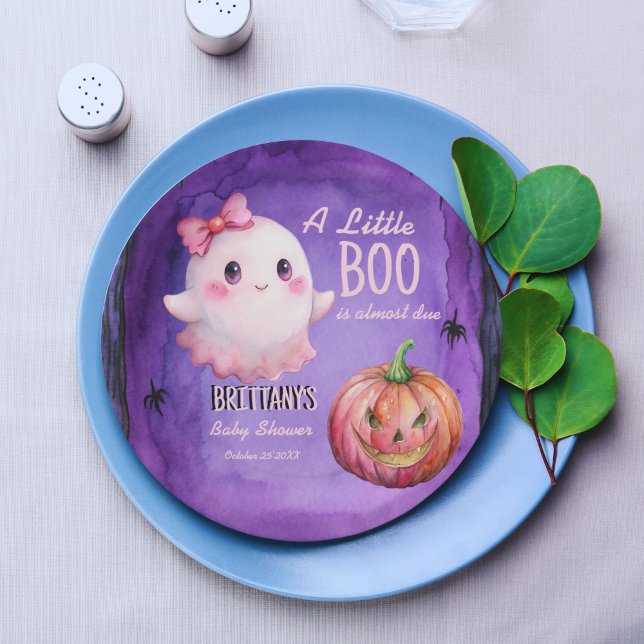 Kleine, rosa niedliche Geisterdusche Pappteller (Little boo pink cute ghost jack o lantern purple Halloween baby shower customized paper plates)