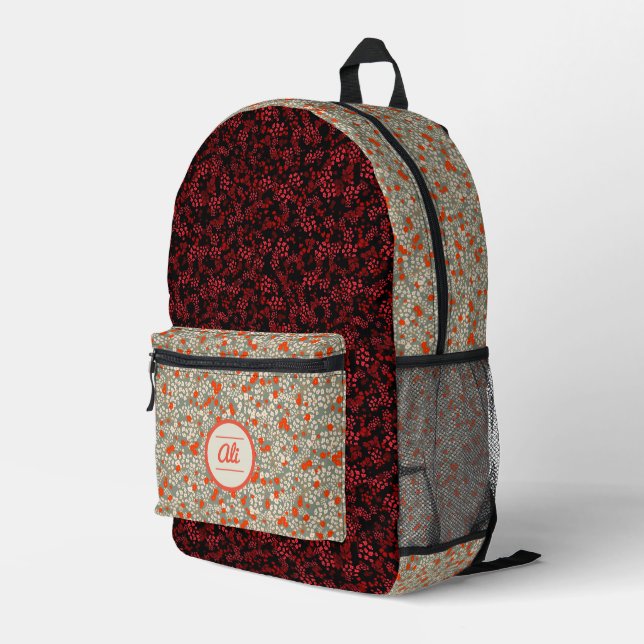 Kleine rote Blume, grün und dunkelrot Bedruckter Rucksack (Rückseitige Ecke Rechts)