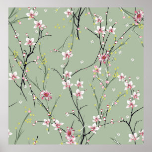 Kleine rote und gelbe Blume auf grünem Hintergrund Poster