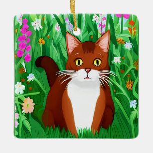 Kleine rötlich braune Kätzchen auf einer Blumenwie Keramikornament