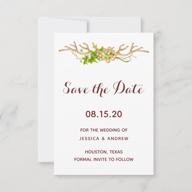 Kleine rustikale Antler und Wildblumen Save the Da Date (Vorderseite)