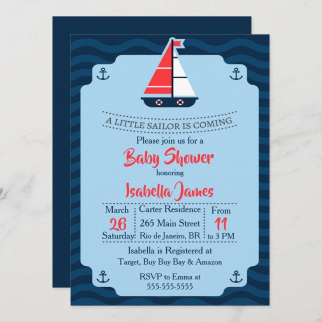 Kleine Sailor Babydusche Einladung (Vorne/Hinten)