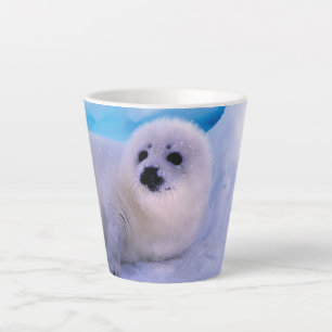 Kleine Sattelrobbenjunge bedeckt mit Schneeflocken Milchtasse