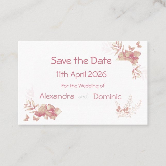 Kleine Save the Date Karte - rosa Blütenschmetterl (Vorderseite)