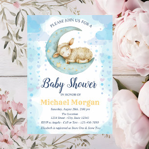 Kleine Schaf-Mond-Herzen Blaue Babyparty Einladung