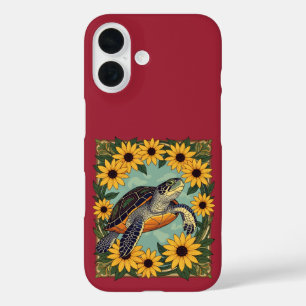 Kleine Schildkröte und Schwarzäugige Daisy-Blumen iPhone 16 Hülle