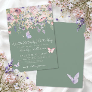 Kleine Schmetterling Wildblume Grün Babyparty Einladung