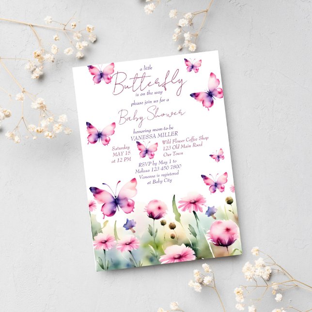Kleine Schmetterlingspalette Lillac Pink Babydusch Einladung (Little butterfly baby shower template invitation instant download meadow flowers pastel butterflies)