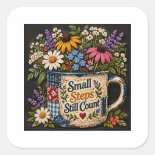 Kleine Schritte zählen – Patchwork-Tasse Vintage E Quadratischer Aufkleber