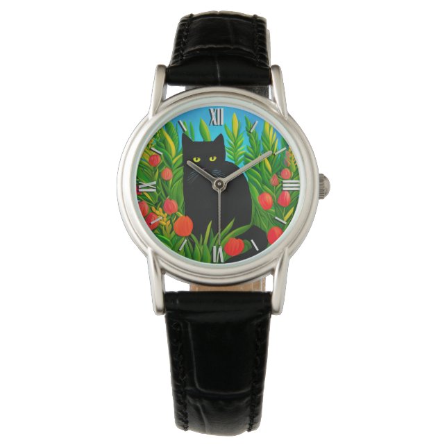Kleine schwarze Katze in einem Tulip-Garten Armbanduhr (Vorderseite)