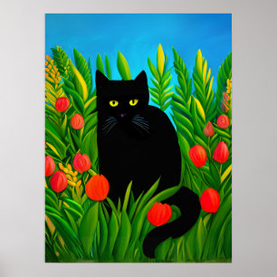 Kleine schwarze Katze in einem Tulip-Garten Poster