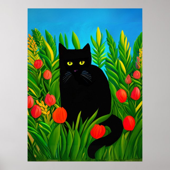 Kleine schwarze Katze in einem Tulip-Garten Poster (Vorne)