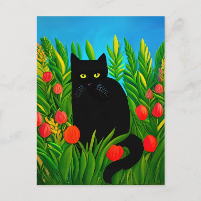 Kleine schwarze Katze in einem Tulip-Garten Postkarte (Vorderseite)
