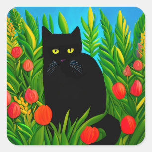 Kleine schwarze Katze in einem Tulip-Garten Quadratischer Aufkleber