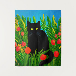 Kleine schwarze Katze in einem Tulip-Garten Wandteppich