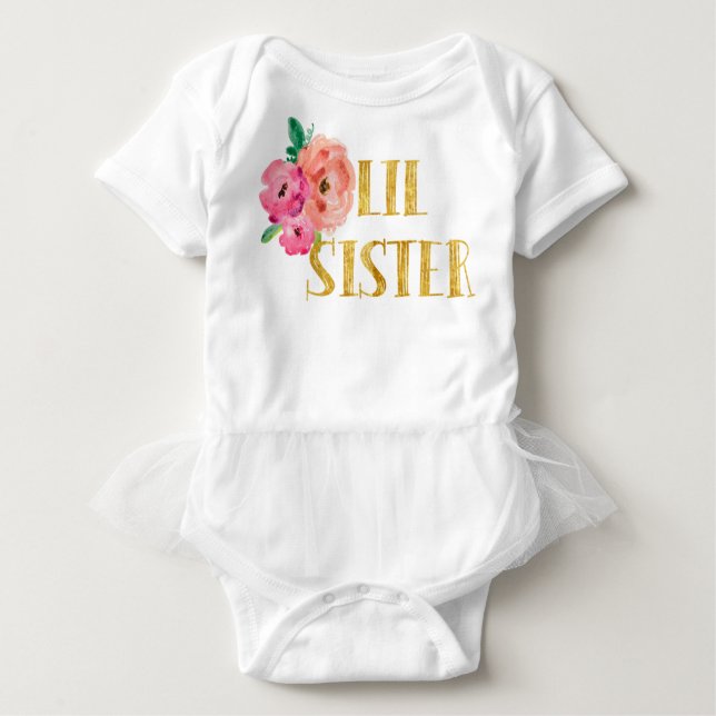 Kleine Schwester-Bodysuit-Blumengoldfolie Baby Strampler (Vorderseite)
