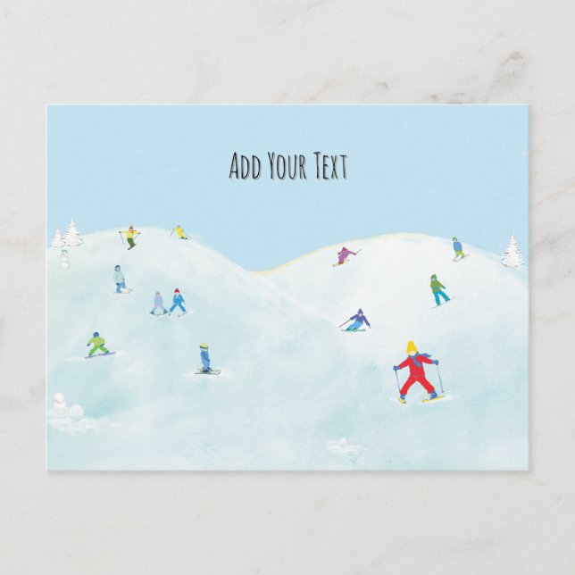 Kleine Skifahrer auf dem Snowy Hill Personalisiert Postkarte (Vorderseite)