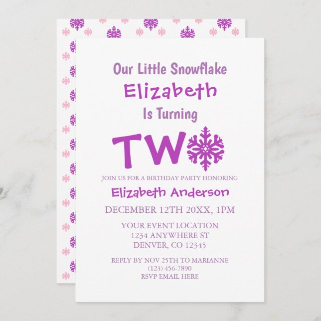 Kleine Snowflake 2. Geburtstag Einladung (Vorne/Hinten)