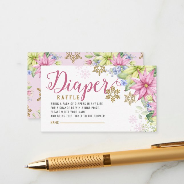 Kleine Snowflake Floral Diaper Raffle Baby Dusche Begleitkarte (Vorderseite/Rückseite Beispiel)