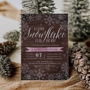 Kleine Snowflake Pink Rustic Wood Baby Dusche Einladung