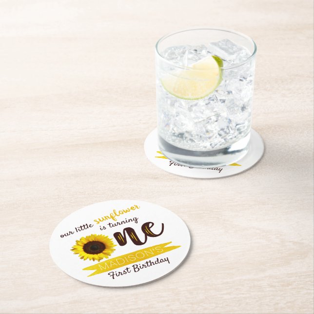Kleine Sonnenblume 1. Geburtstag Party Runder Pappuntersetzer (Vor Ort)