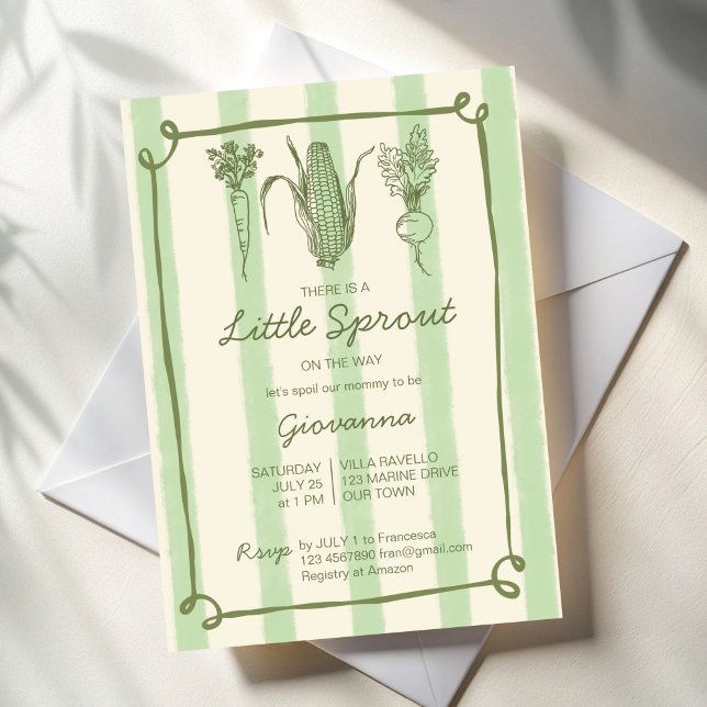 Kleine Spange ist unterwegs entlegene Babydusche Einladung (Little sprout is on the way farmers marked stripped vintage Baby Shower Invitation cards template)