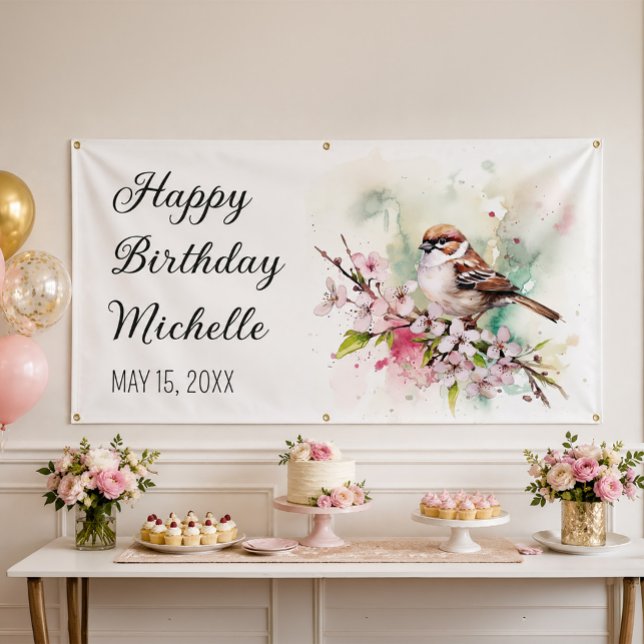 Kleine Spatz-Kirschblüten-Frühlings-Geburtstagsnam Banner (Sparrow and cherry blossoms birthday banner)