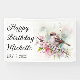 Kleine Spatz-Kirschblüten-Frühlings-Geburtstagsnam Banner