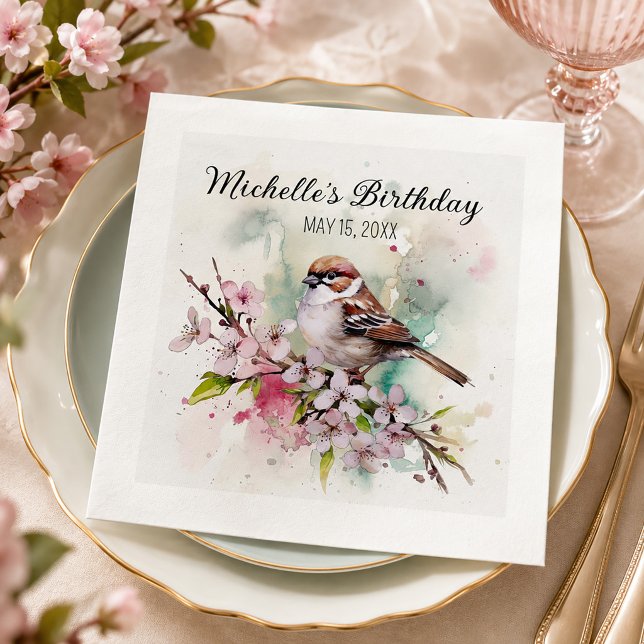 Kleine Spatz-Kirschblüten-Frühlings-Geburtstagsnam Serviette (Tiny sparrow on cherry blossoms birthday party paper napkins)