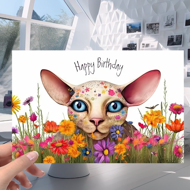 Kleine Sphynxkatze in der Blume Wiese - Geburtstag Karte (Von Creator hochgeladen)