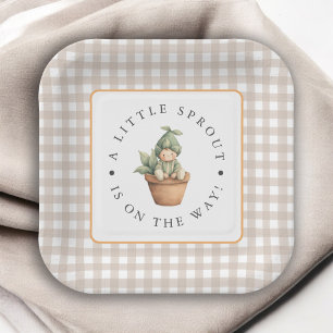 Kleine Spross Neutrales Beige Gingham Baby Shower Pappteller