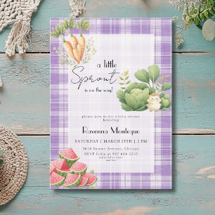 Kleine Sprossen Lila Gingham Baby-Party Einladung