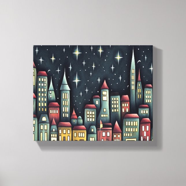 Kleine Stadt nachts Leinwanddruck (Vorderseite)
