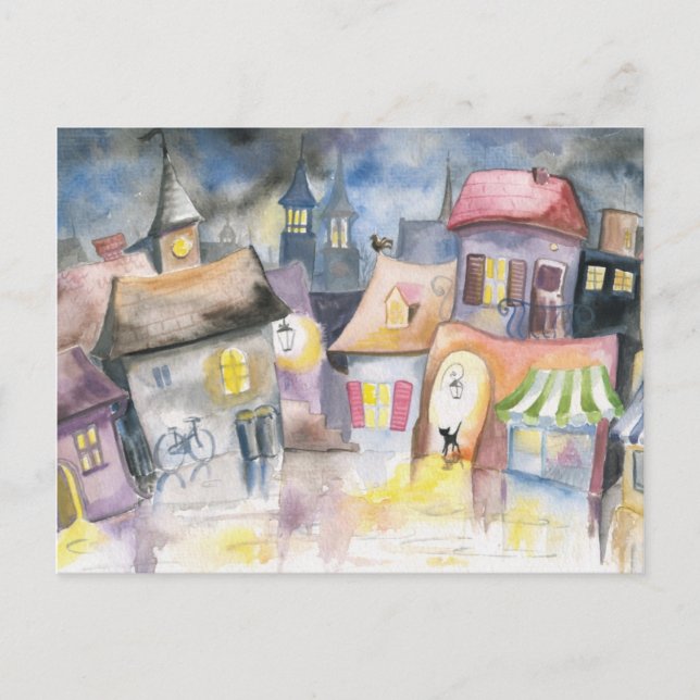 Kleine Stadt nachts Postkarte (Vorderseite)