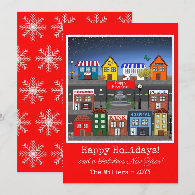 Kleine Stadt Nachts | Rot Feiertagskarte (Vorne/Hinten)