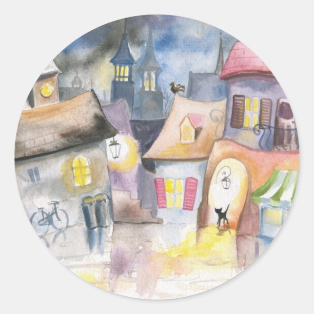 Kleine Stadt nachts Runder Aufkleber (Vorderseite)