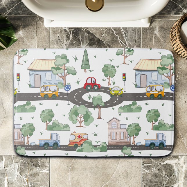 Kleine Stadt und Autos farbenfrohe Muster Badematte (Von Creator hochgeladen)