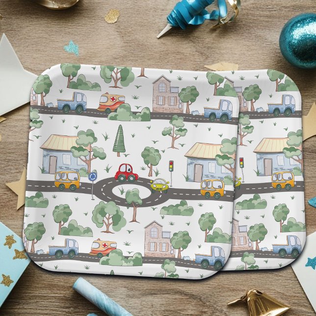 Kleine Stadt und Autos farbenfrohe Muster Pappteller (Von Creator hochgeladen)