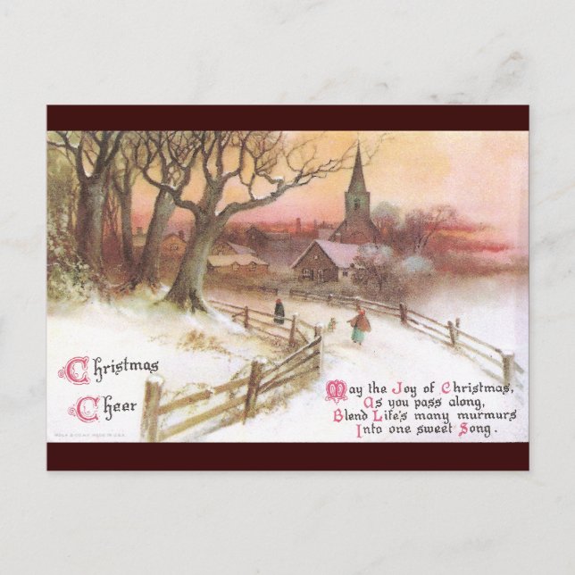 Kleine Stadt und Kirche bei Sonnenuntergang im Win Postkarte (Vorderseite)