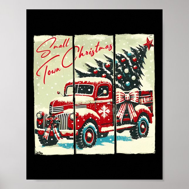 Kleine Stadt Weihnachten Roter LKW Weihnachtsbaum  Poster (Vorne)