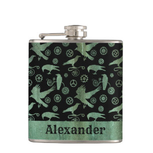 Kleine Steampunk-Verdigris-Gänge und -Krähen nac Flachmann