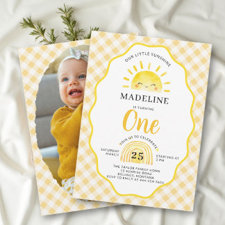 Kleine Sunshine Sun Gingham Foto 1. Geburtstag Einladung