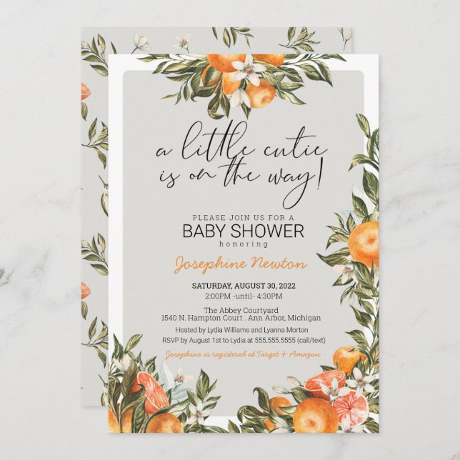 Kleine Süsse auf der Way Orange Citrus Baby Dusche Einladung (Vorne/Hinten)