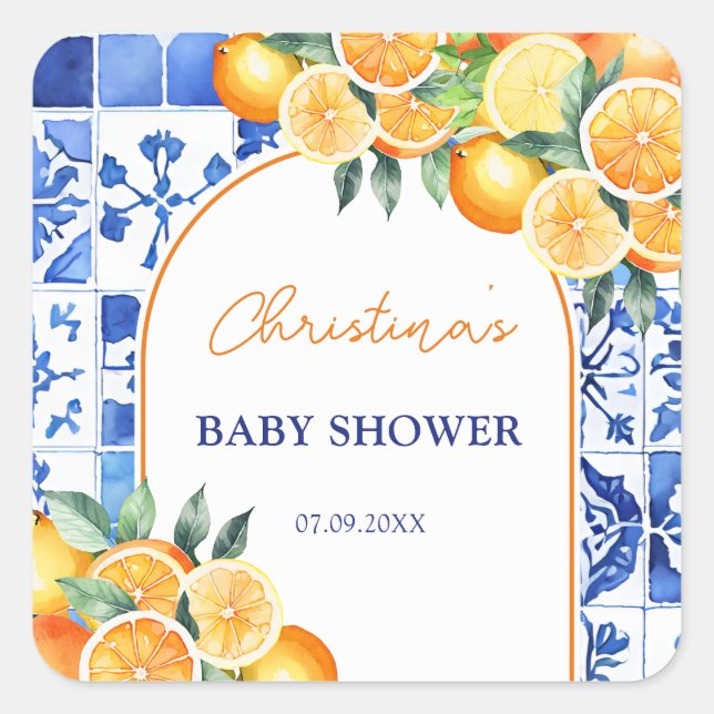 Kleine Süsse Citrus Baby Dusche Quadratischer Aufkleber (Vorderseite)